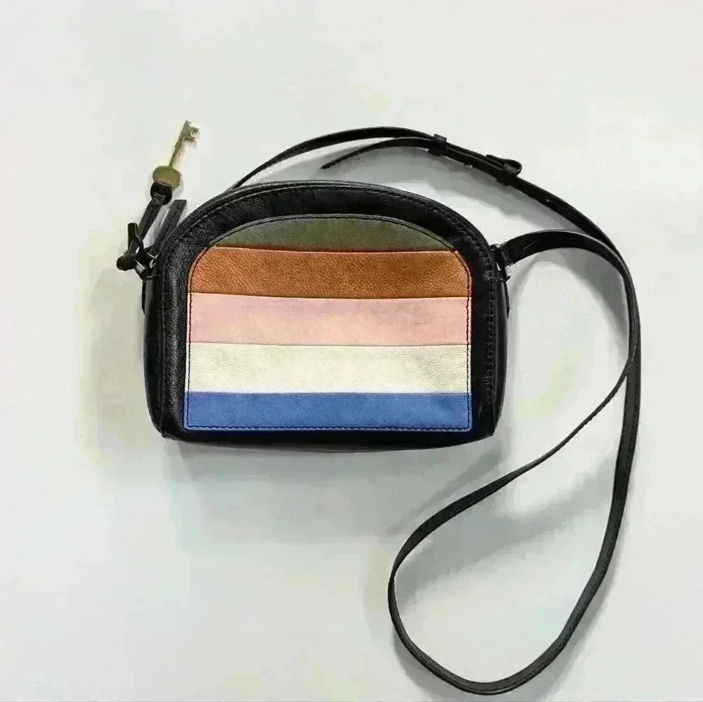 Fossil Chelsea Navy Rainbow Striped Leather Crossbody Bag Purse.